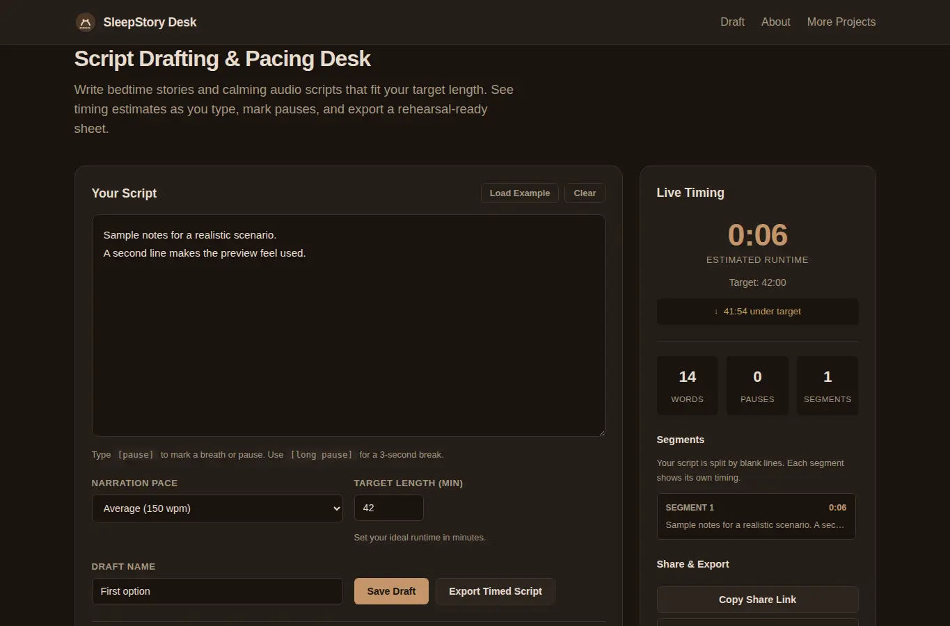 Screenshot of SleepStory Desk: Script Drafting & Pacing Tool interface showing the project page in use